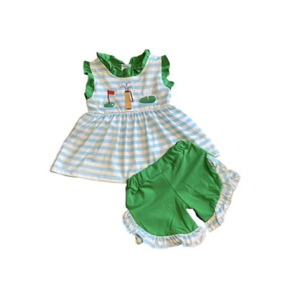 New Girl's Cute Sleeveless Two-Piece Embroidered Golf Themed Short Set